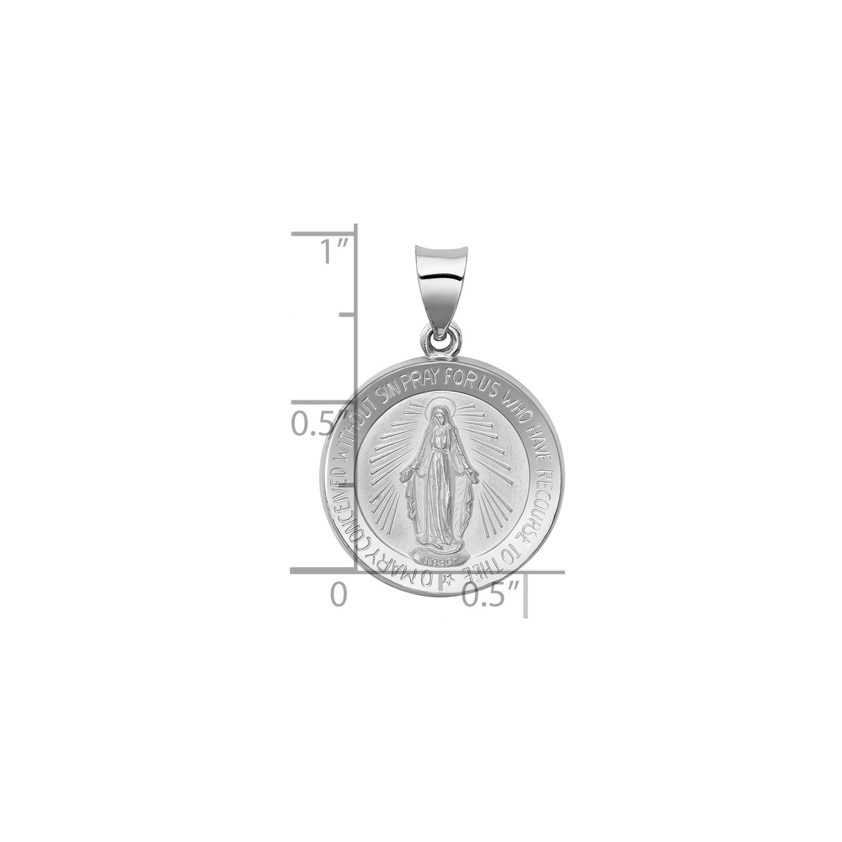 14k White Gold Miraculous Medal Pendant Featuring Virgin Mary and Prayer