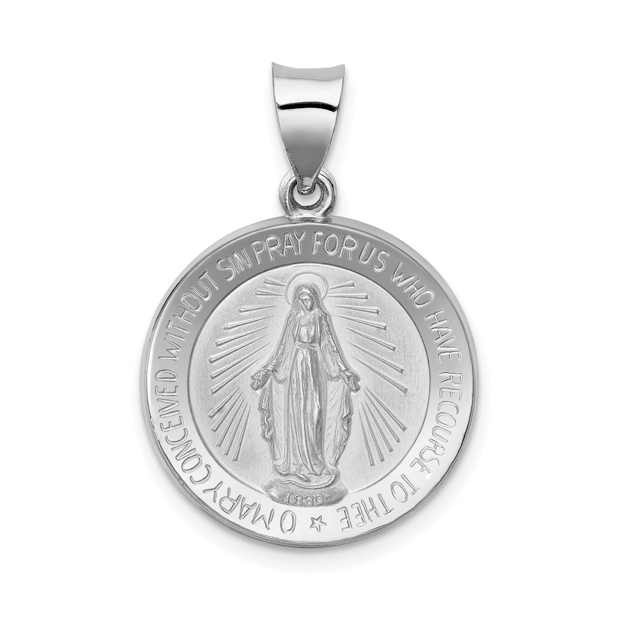 14k White Gold Miraculous Medal Pendant Featuring Virgin Mary and Prayer