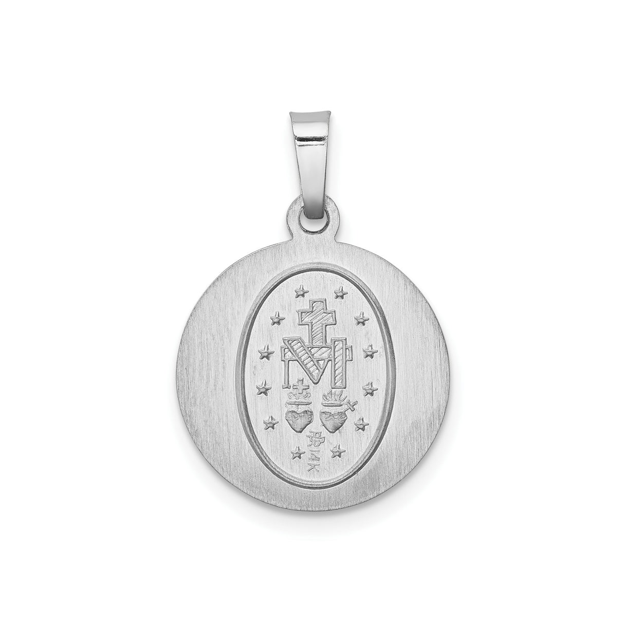 14k White Gold Miraculous Medal Pendant Featuring Virgin Mary and Radiant Beams