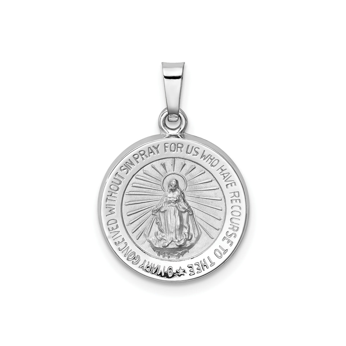 14k White Gold Miraculous Medal Pendant Featuring Virgin Mary and Radiant Beams
