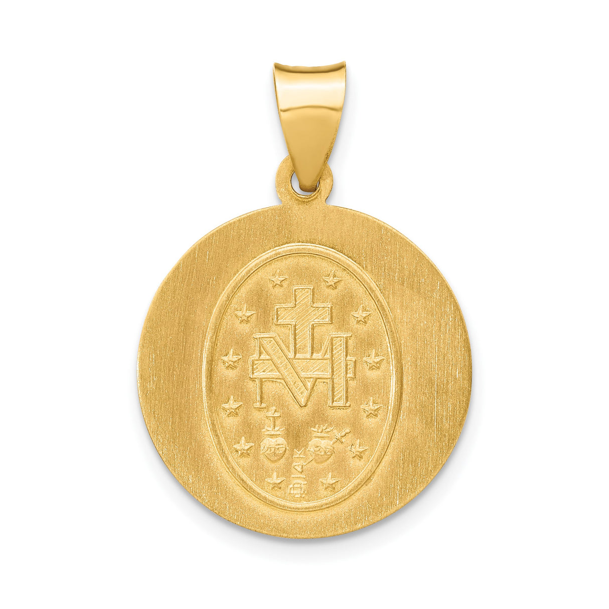 14k Yellow Gold Miraculous Medal Pendant with Virgin Mary and Inscription for Women