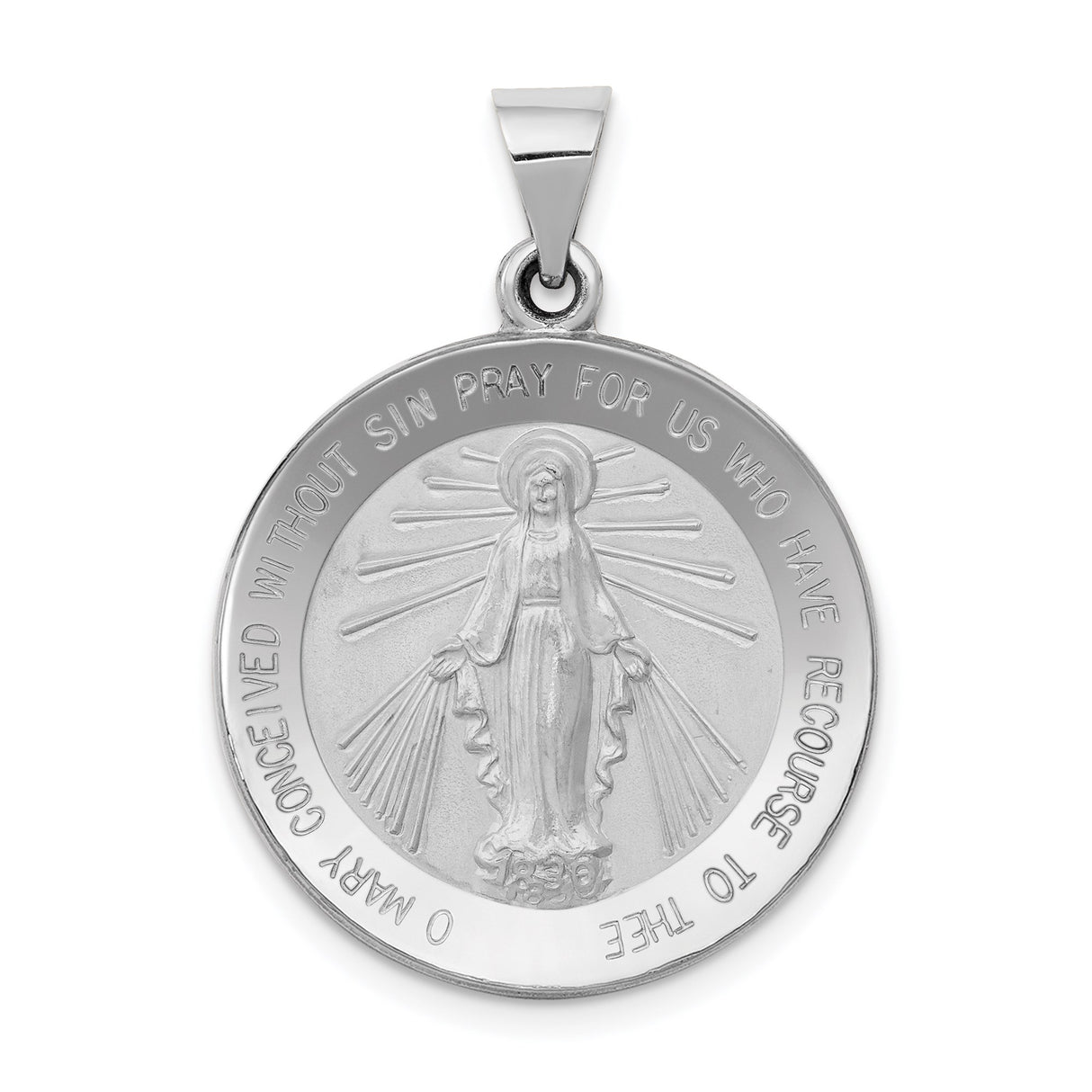 14k White Gold Miraculous Medal Pendant with Virgin Mary and Engraving