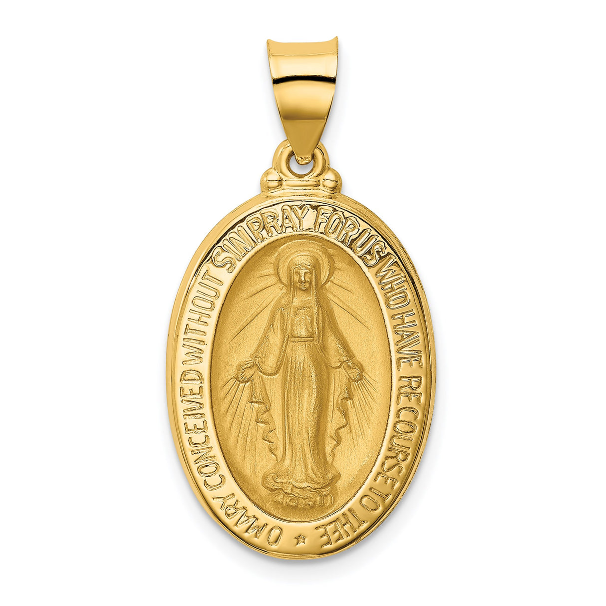14k Yellow Gold Miraculous Medal Pendant Featuring Virgin Mary and Inscription