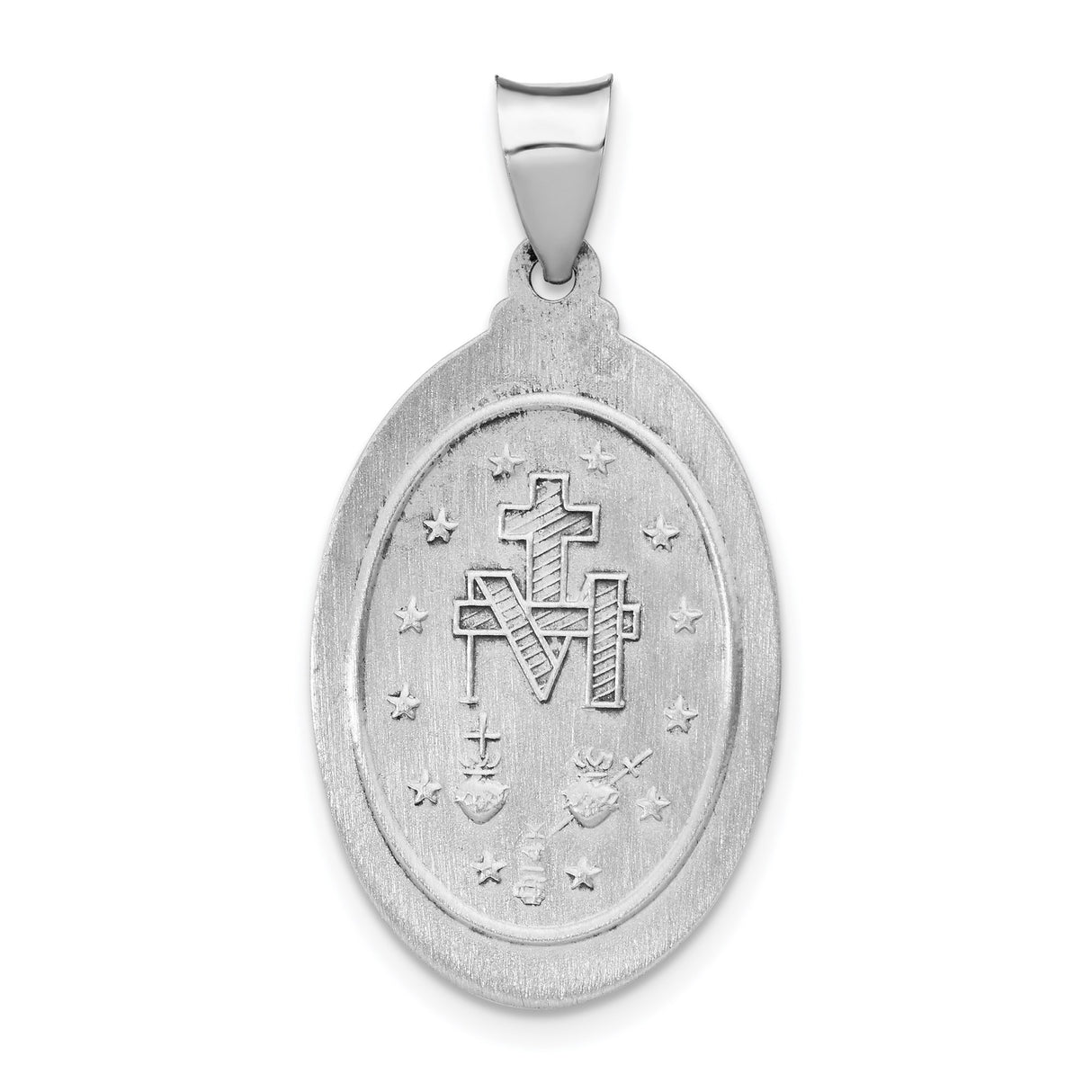 14k White Gold Miraculous Medal Pendant with Virgin Mary and Inscription
