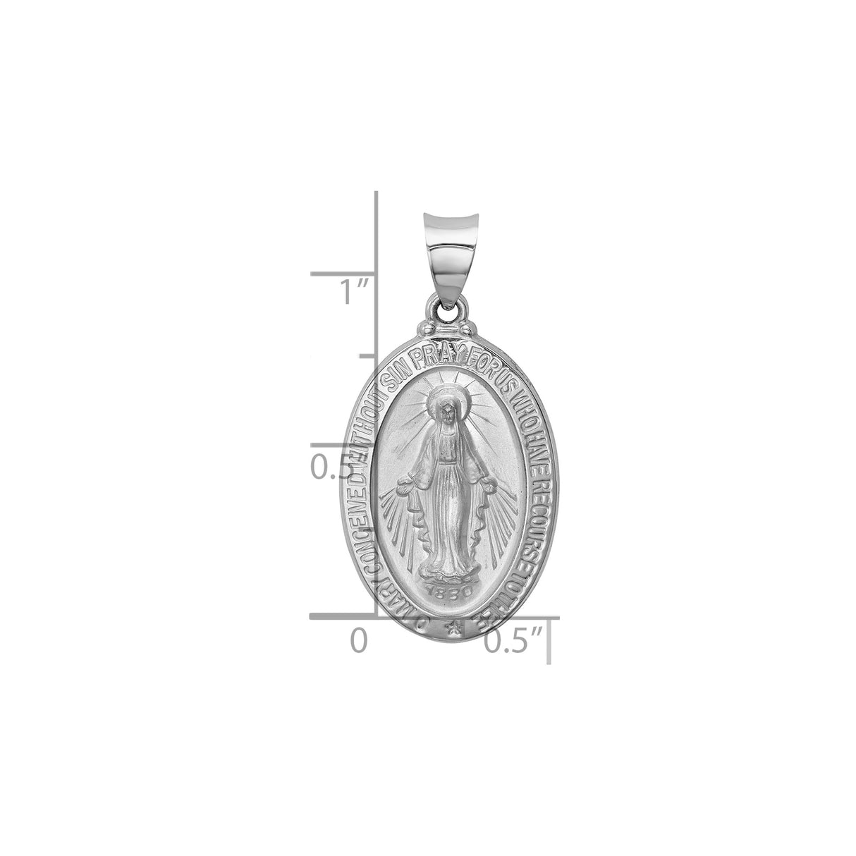 14k White Gold Miraculous Medal Pendant with Virgin Mary and Inscription