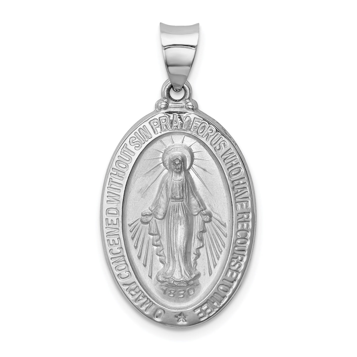 14k White Gold Miraculous Medal Pendant with Virgin Mary and Inscription