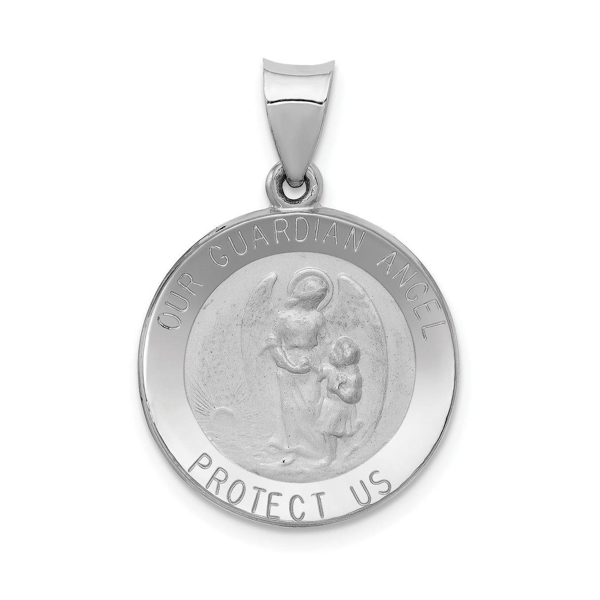 14k White Gold Guardian Angel Pendant with Protection Message, Religious Medallion Charm