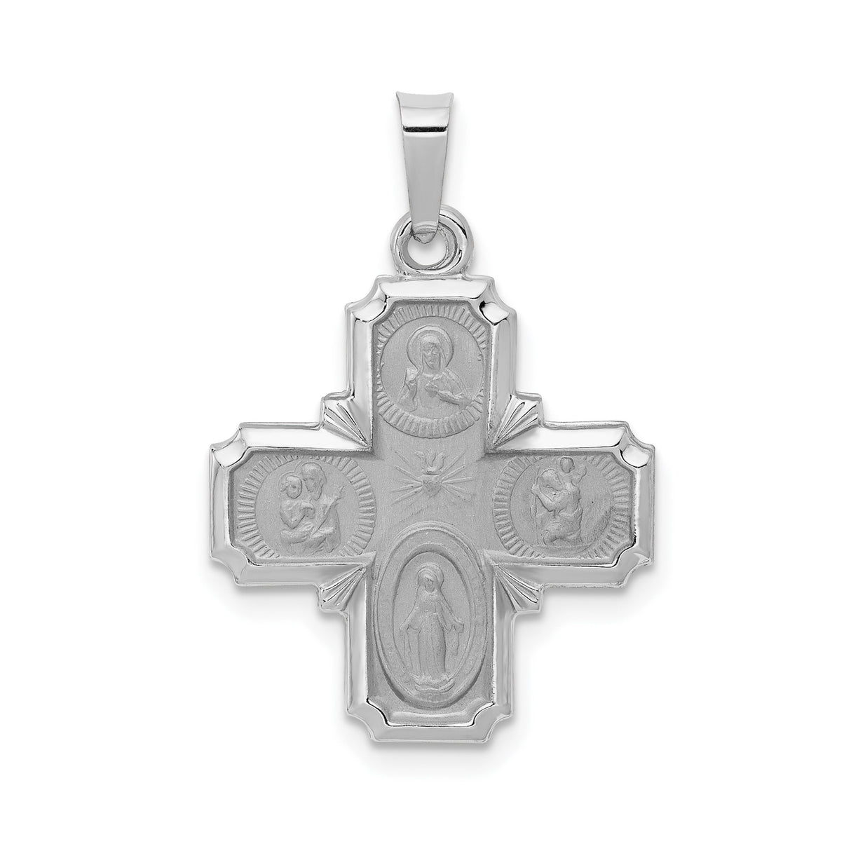14k White Gold Catholic Four-Way Cross Pendant with Sacred Heart, Miraculous Medal, St Joseph, St Christopher