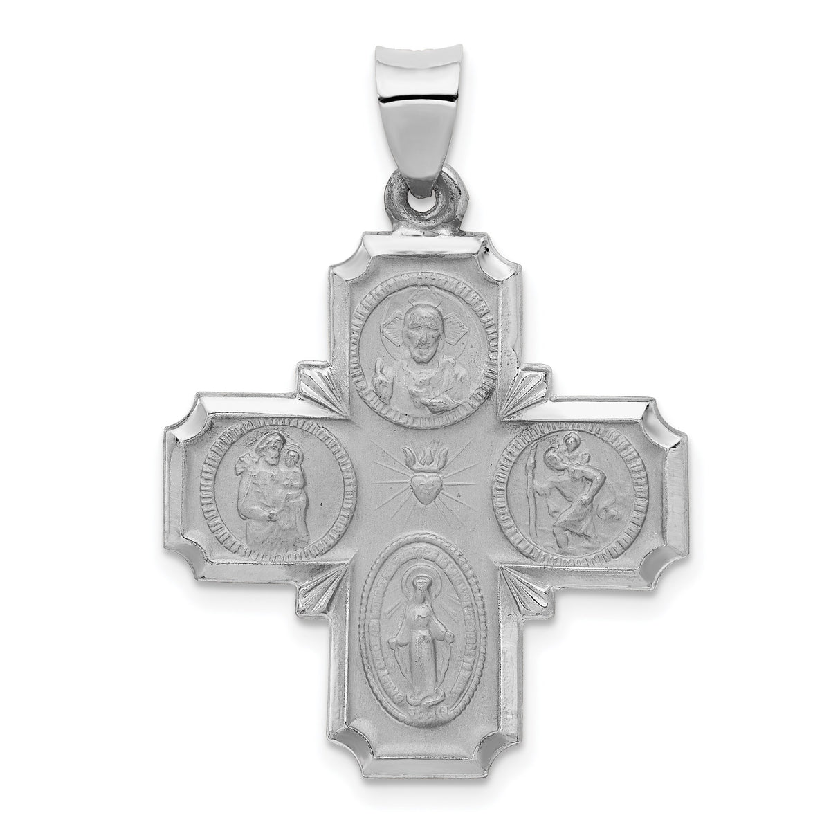 14k White Gold Four-Way Cross Pendant with Sacred Heart, Saint Joseph, Saint Christopher, Miraculous Medal