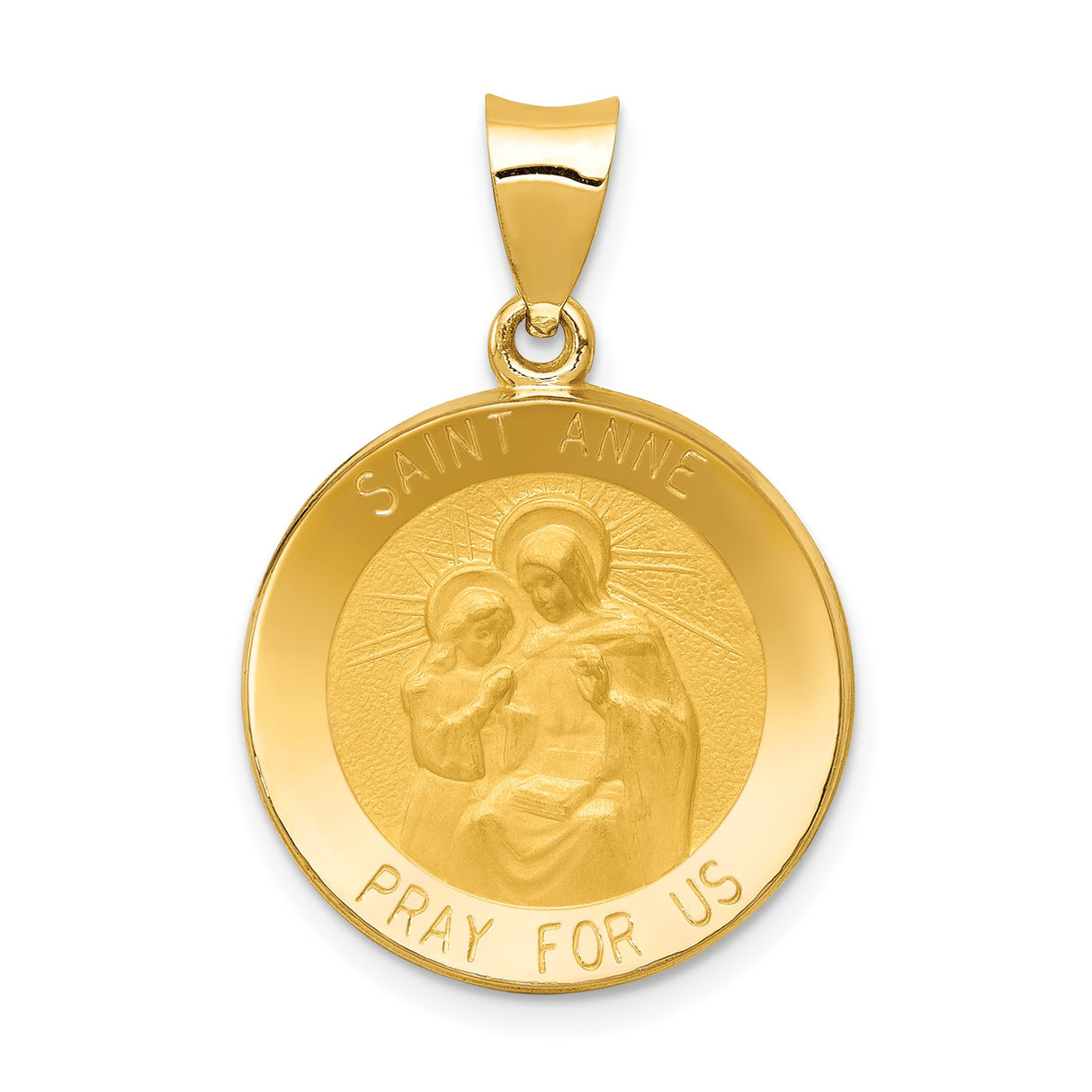 14k Yellow Gold Saint Anne Pendant Medallion, Religious Pray for Us Design, Unisex