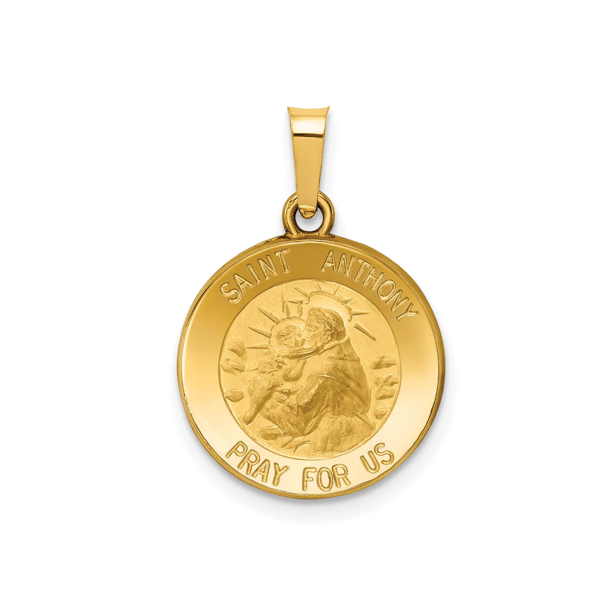 14k Yellow Gold Saint Anthony Pendant with Pray For Us Text, Catholic Medal Charm