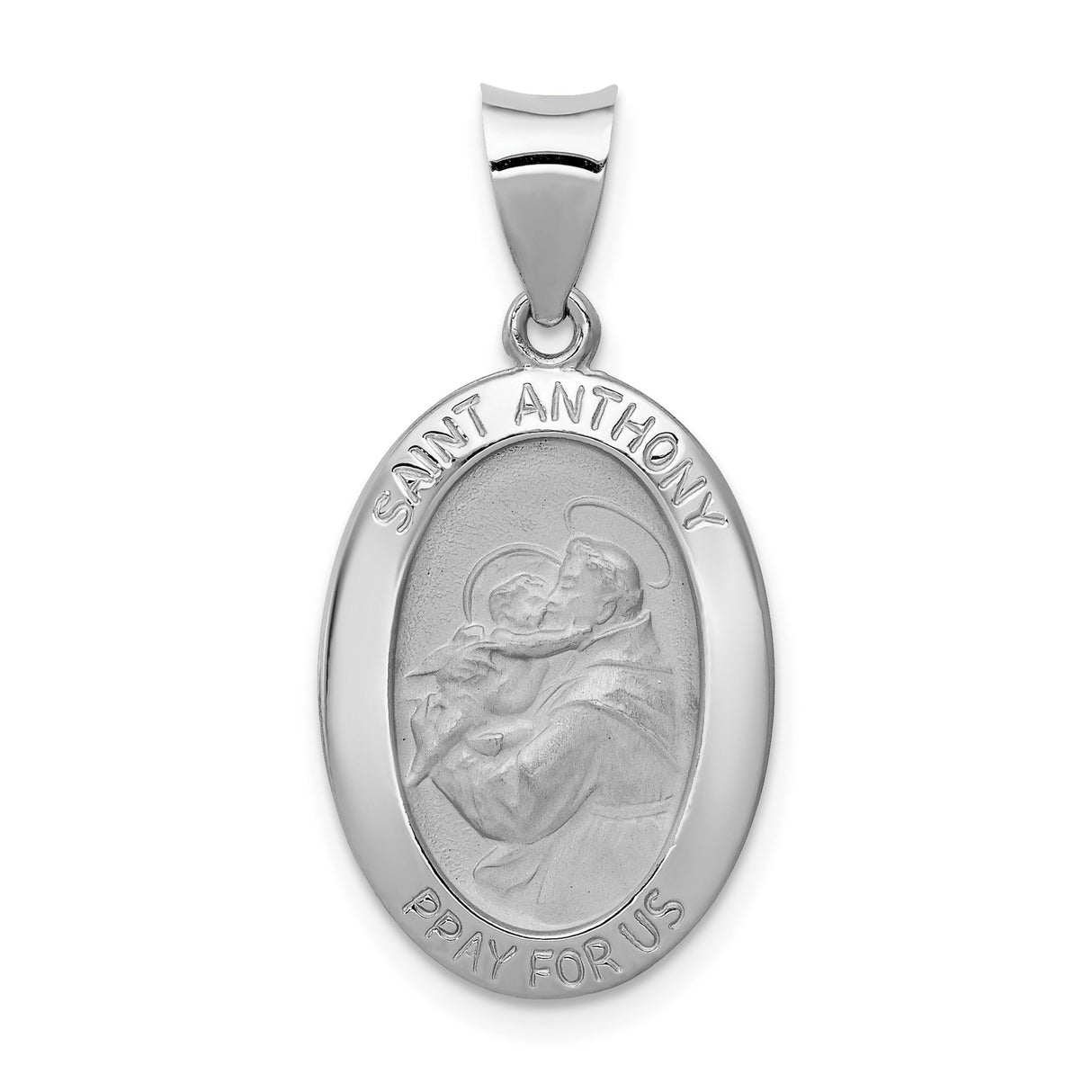 14k White Gold Saint Anthony Oval Pendant with Raised Image and Pray for Us Text