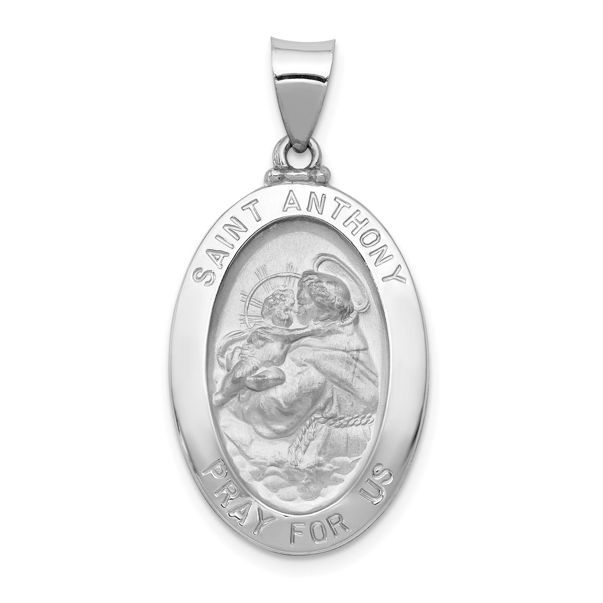 14k White Gold Saint Anthony Oval Pendant with Pray for Us Inscription, Catholic Religious Medal