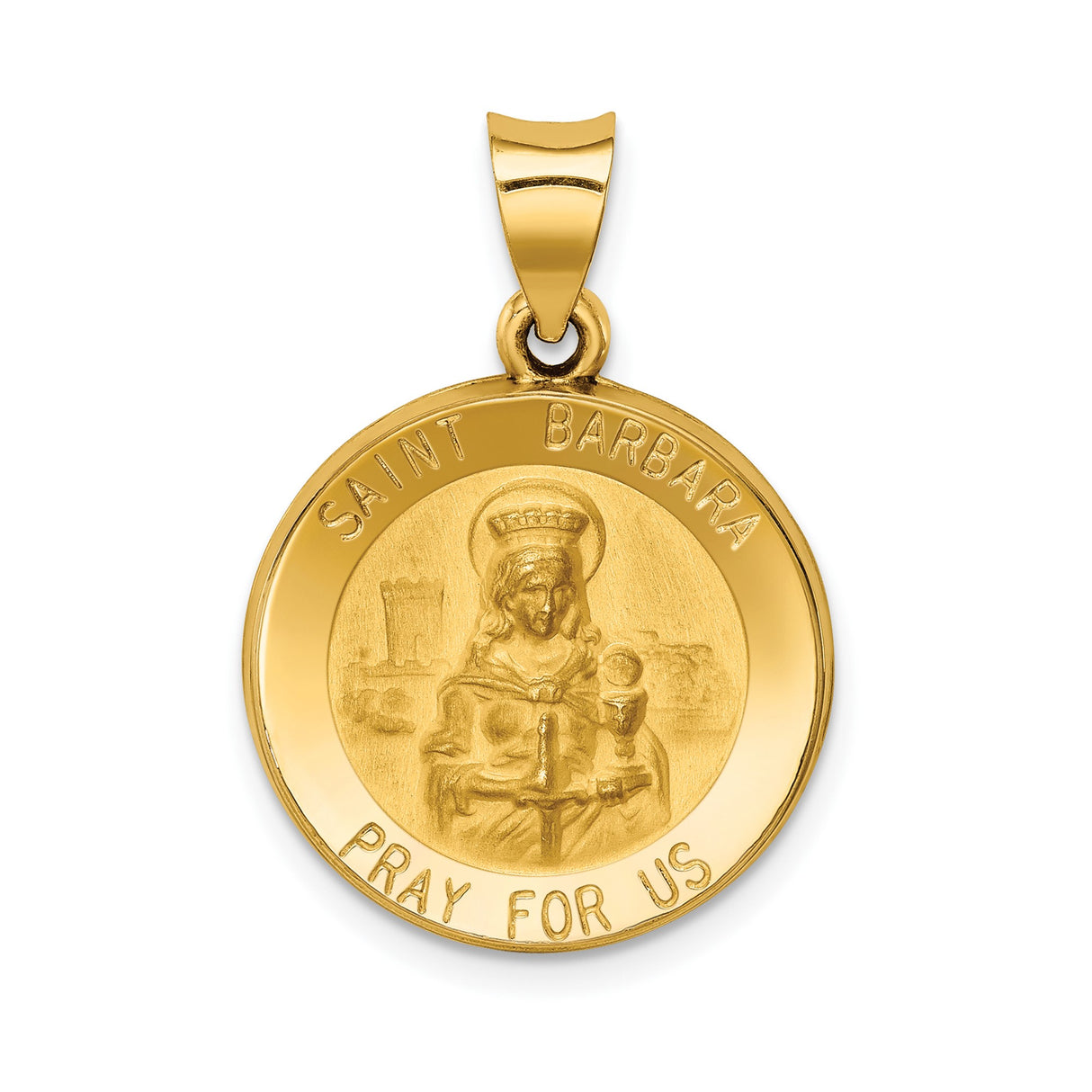 14k Yellow Gold Saint Barbara Medallion Pendant, Pray for Us Religious Medal for Women