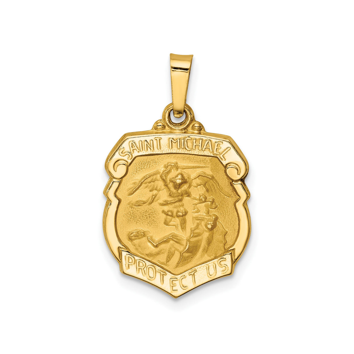 14k Yellow Gold Saint Michael Pendant, Archangel Protect Us Religious Medal
