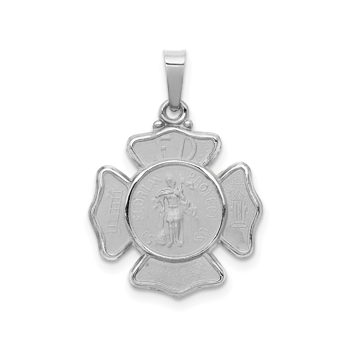 14k White Gold Firefighter Pendant with St. Florian and Maltese Cross Emblem