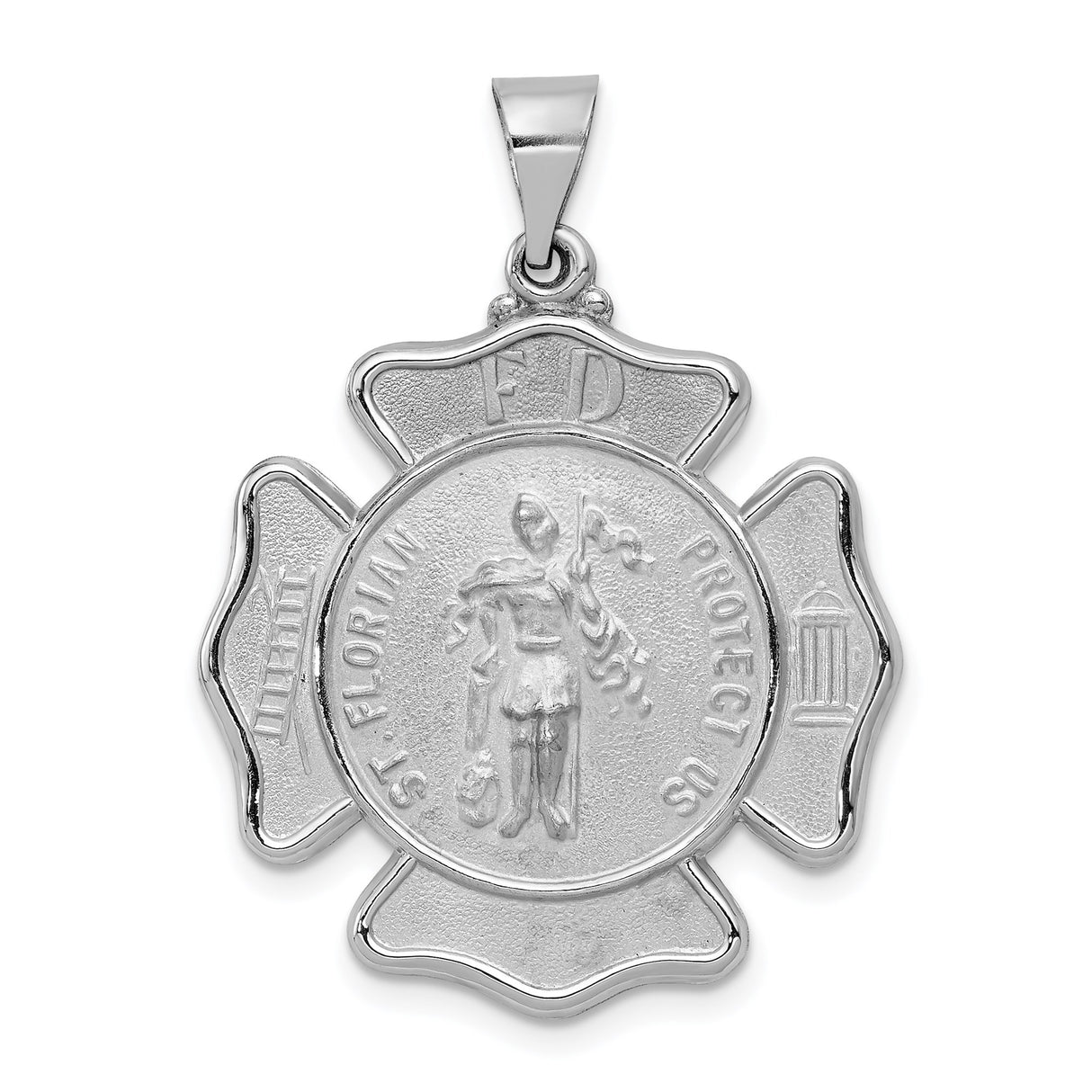 14k White Gold Firefighter Pendant with St. Florian Medal and FD Maltese Cross