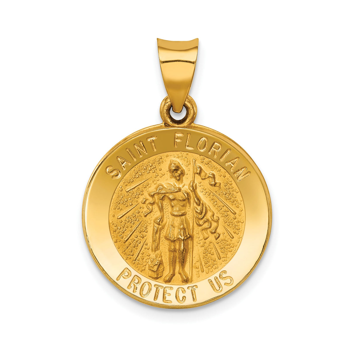 14k Yellow Gold Saint Florian Medal Pendant, Round Protect Us Christian Medallion for Men or Women