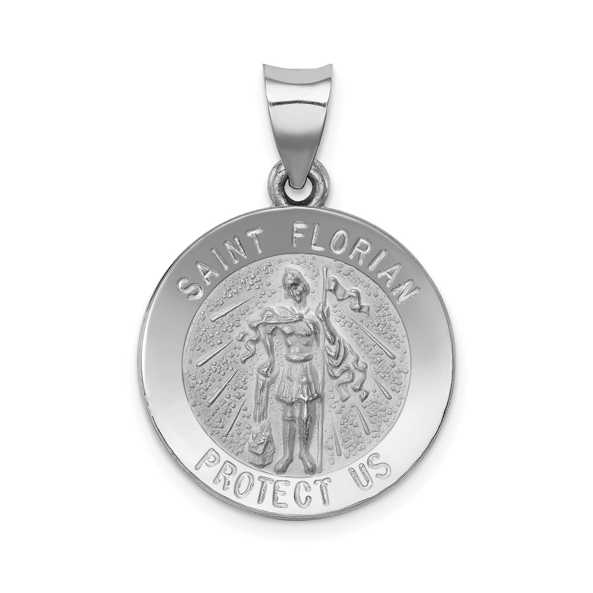 14k White Gold Saint Florian Pendant, Protect Us Inscription, Catholic Patron Medal for Firefighters