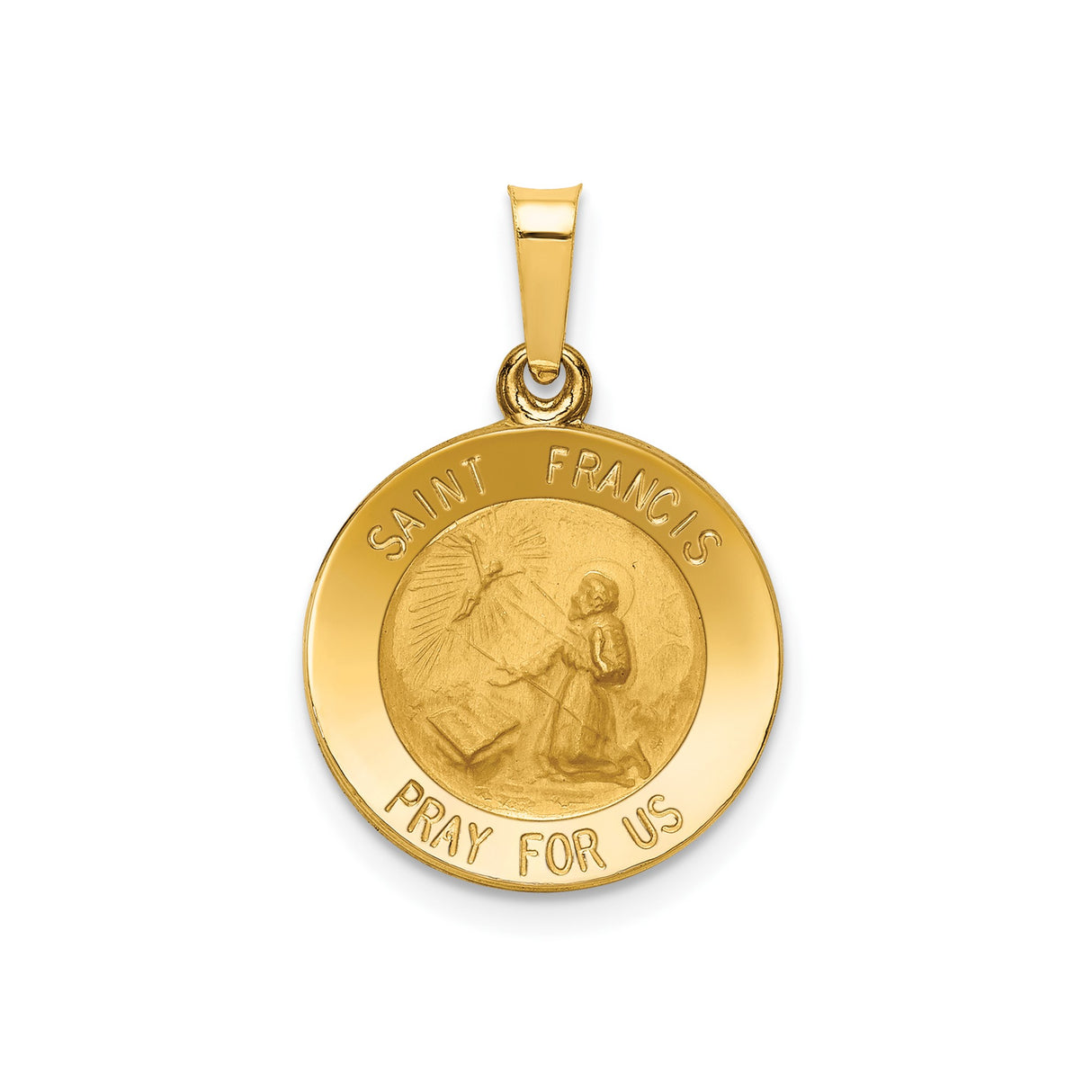 14k Yellow Gold Saint Francis Round Pendant, Hollow Religious Medal with Pray for Us Inscription