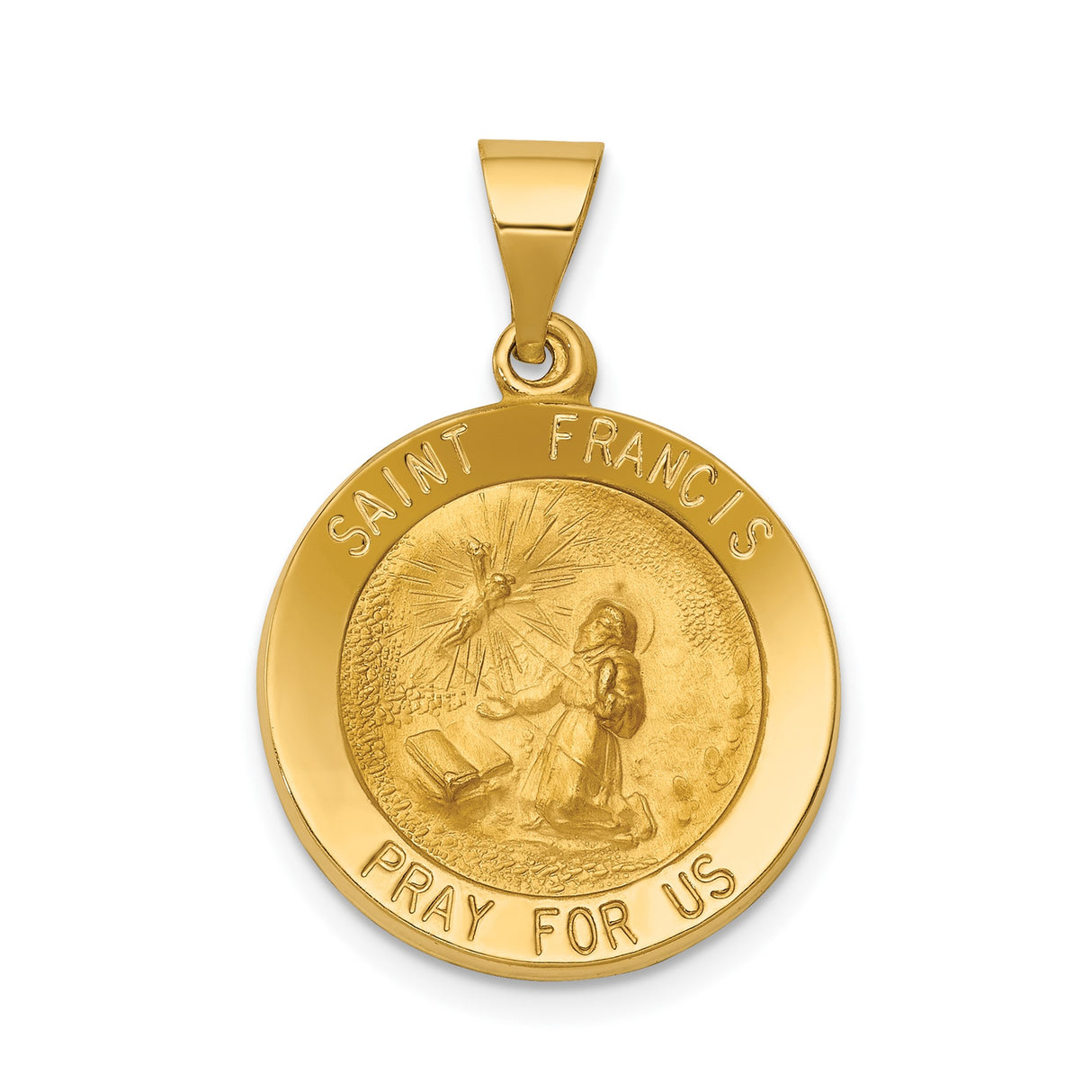 14k Yellow Gold Saint Francis Pendant, Religious Medal with Raised Image and Inscription