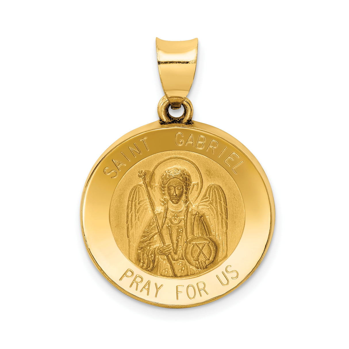 14k Yellow Gold Saint Gabriel Medal Pendant with Inscribed Prayer Christian Religious Charm