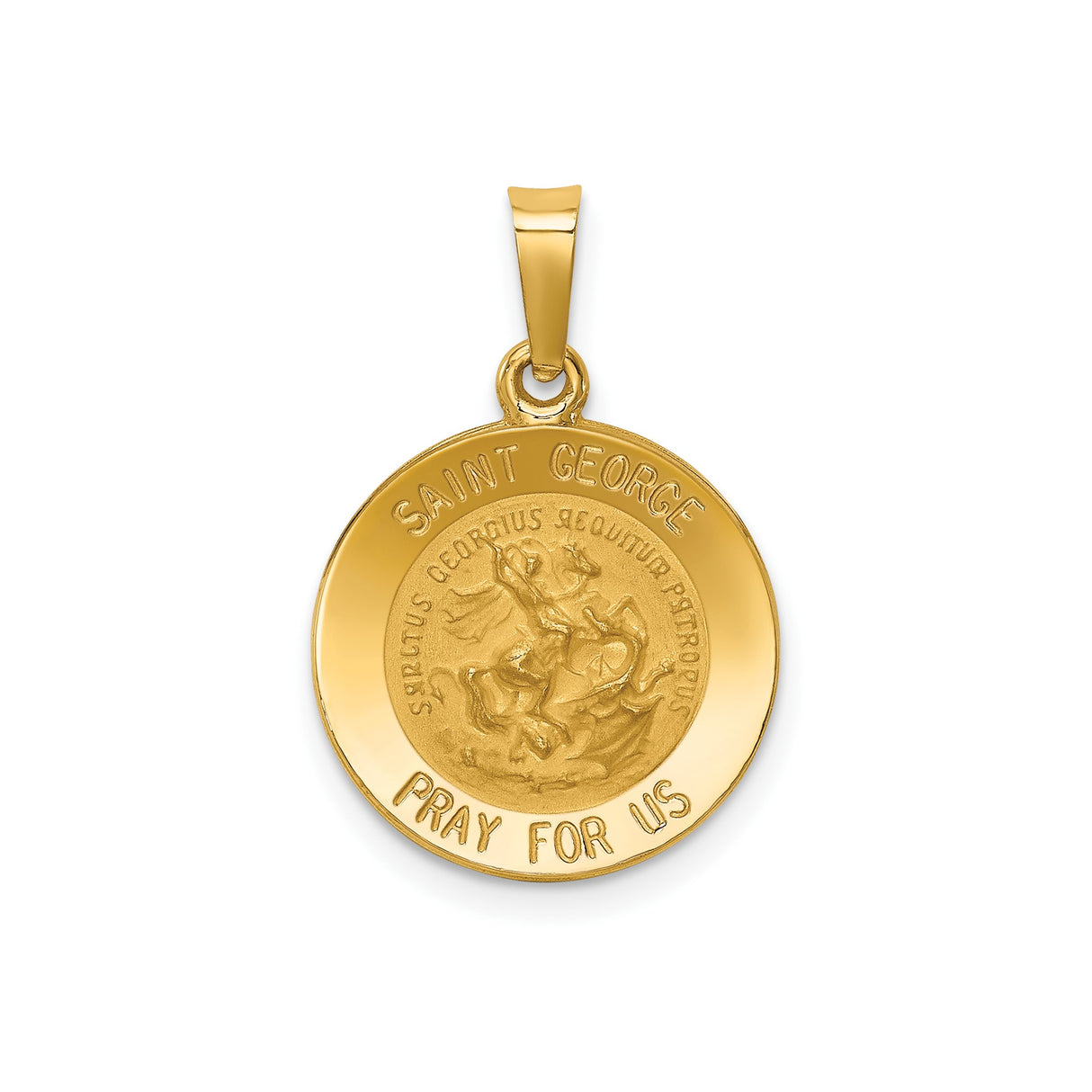 14k Yellow Gold Saint George Pendant Medal with Slaying Dragon and Prayer Inscription