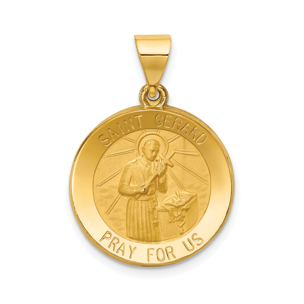 14k Yellow Gold Saint Gerard Medal Pendant, Religious Charm with Pray for Us Inscription