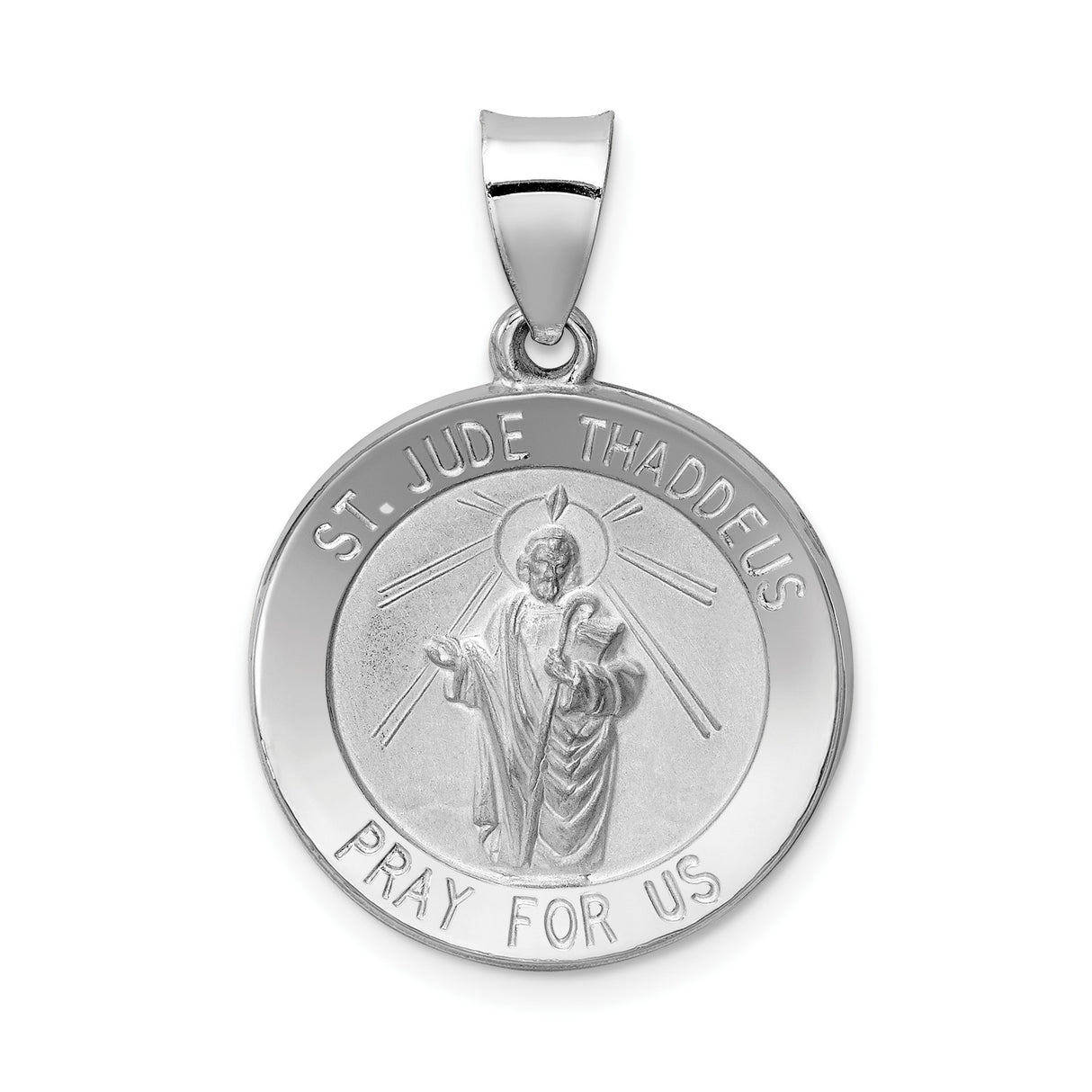 14k White Gold Saint Jude Pendant with Pray for Us Engraving, Catholic Medal for Men or Women