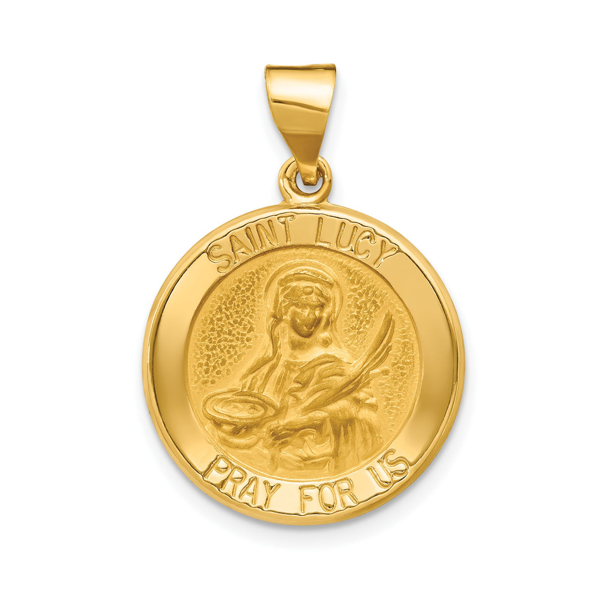 14k Yellow Gold Saint Lucy Pendant, Catholic Religious Medal with Inscription