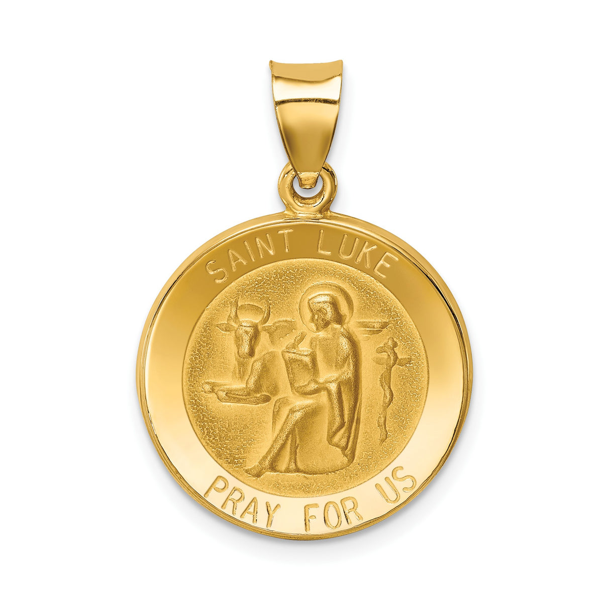 14k Yellow Gold Saint Luke Medal Pendant with Winged Ox and Serpent Staff Symbol