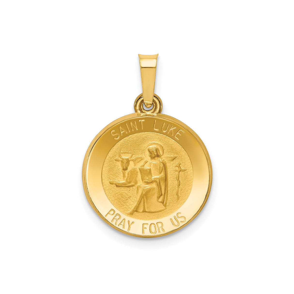 14k Yellow Gold Saint Luke Pendant with Ox Engraving, Catholic Prayer Medal for Men or Women
