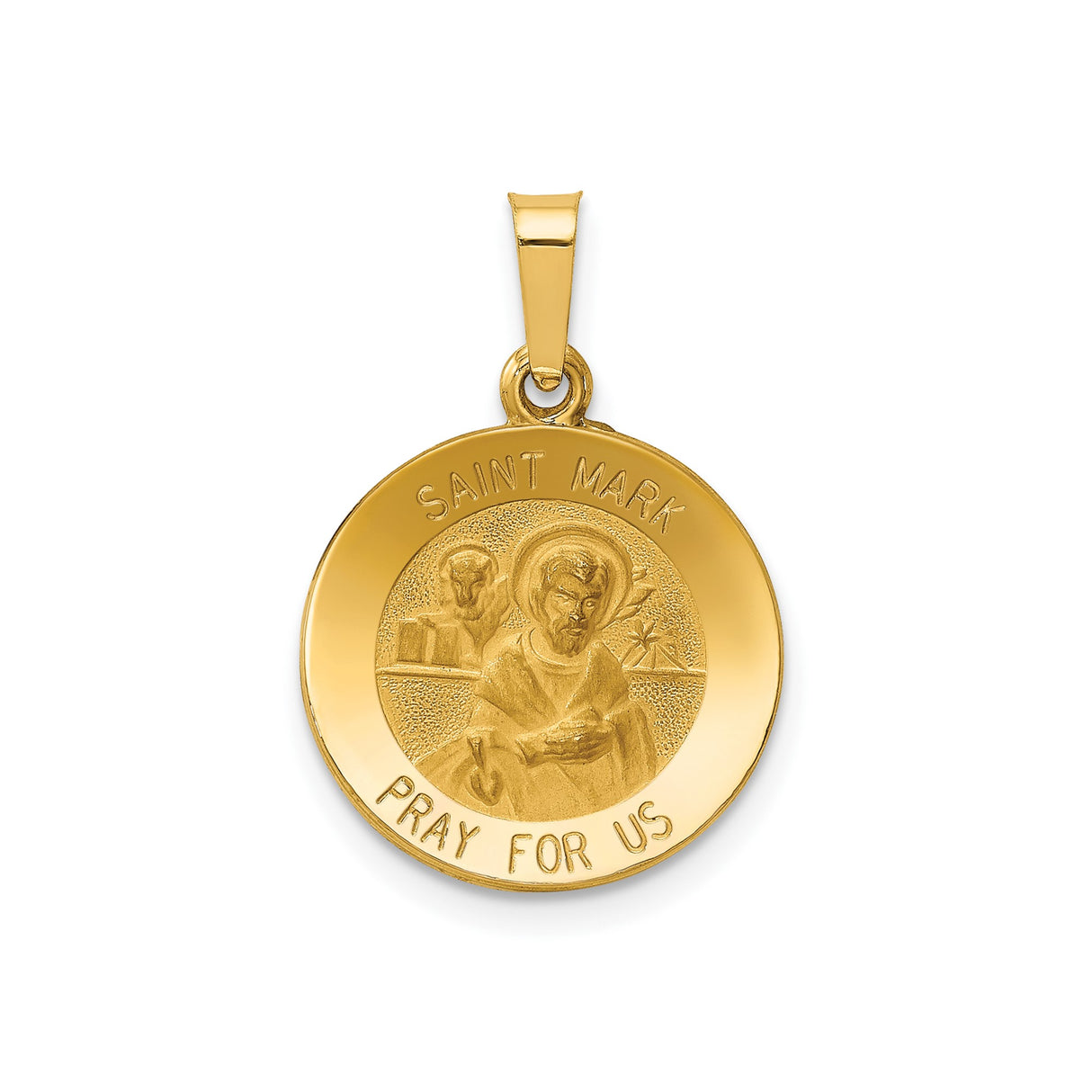 14k Yellow Gold Saint Mark Pendant with Pray for Us Inscription, Catholic Religious Medal
