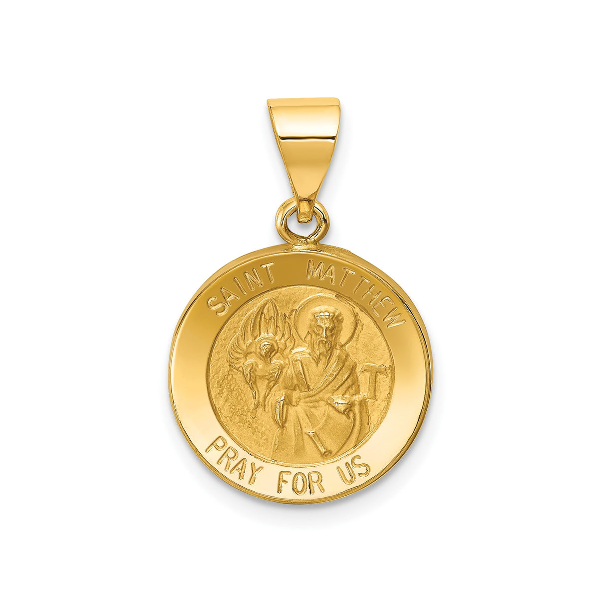14k Yellow Gold Saint Matthew Pendant, Religious Medallion with Pray For Us Words