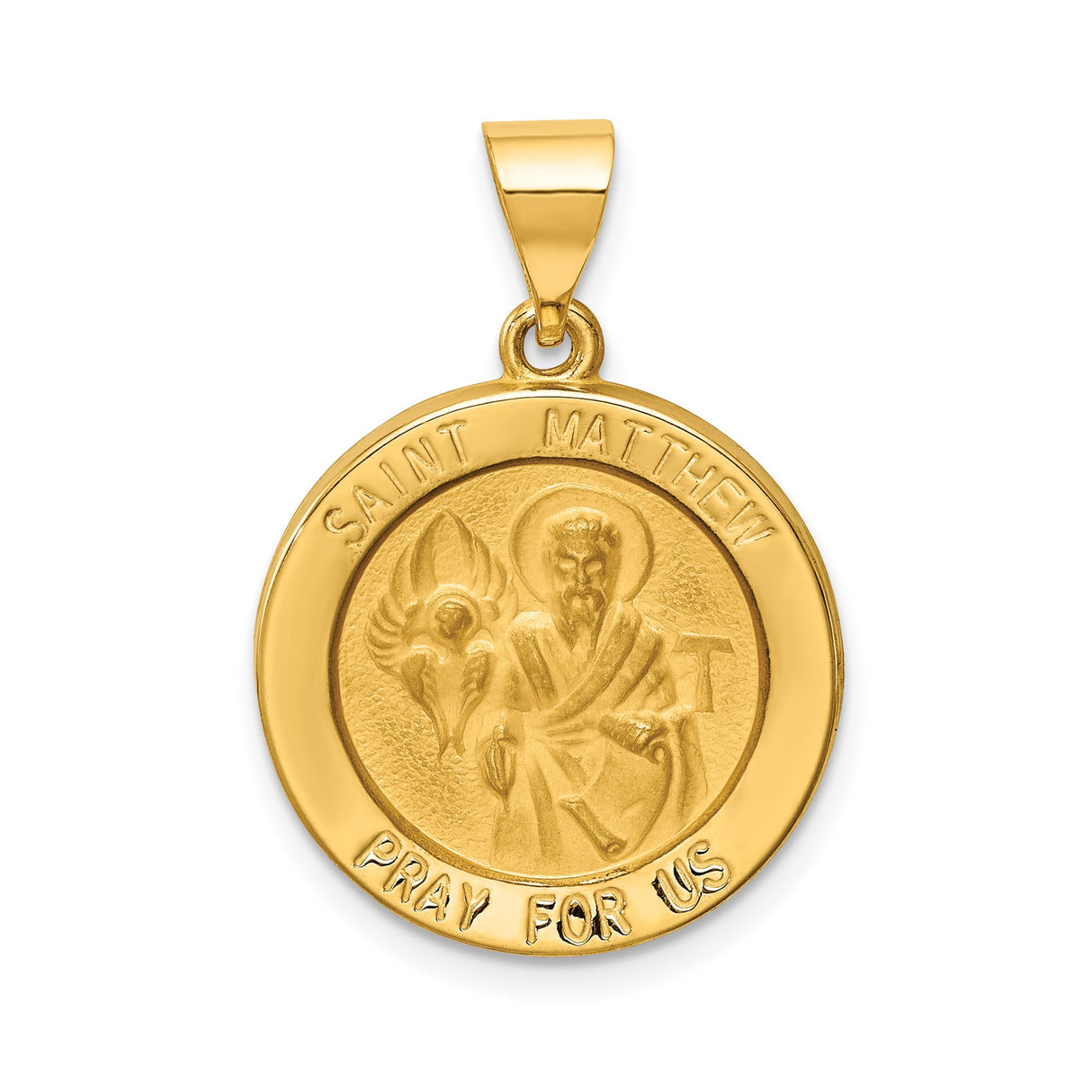 14k Yellow Gold Saint Matthew Pendant, Catholic Religious Medal with Pray for Us Inscription