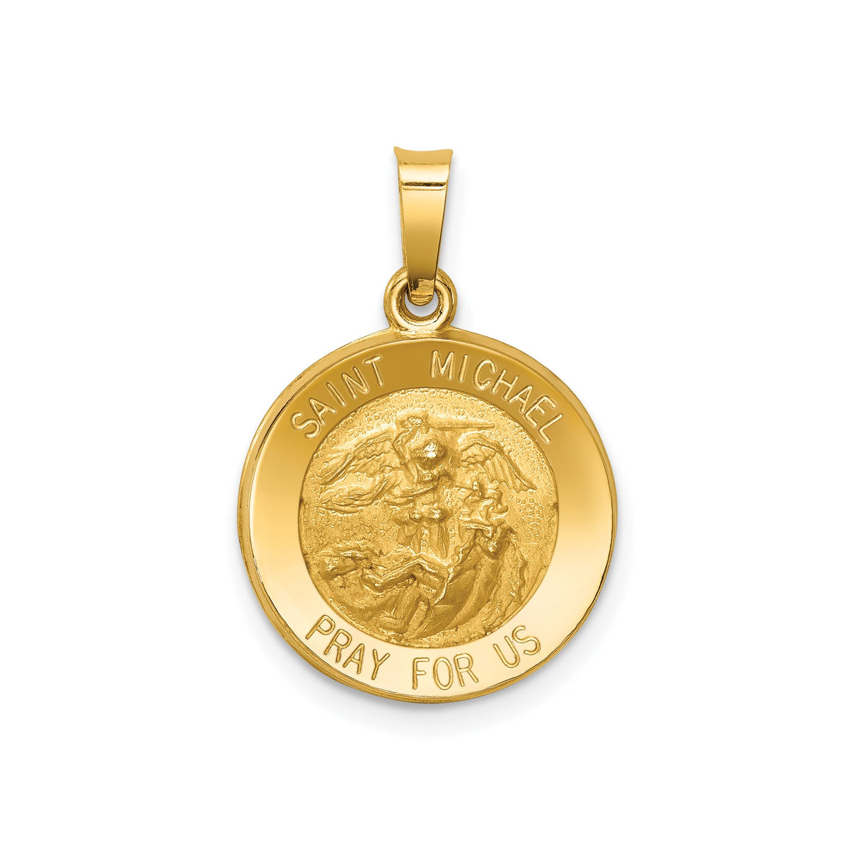14k Yellow Gold Saint Michael Pendant, Archangel Medal with Pray for Us Engraving, Religious Protection Theme