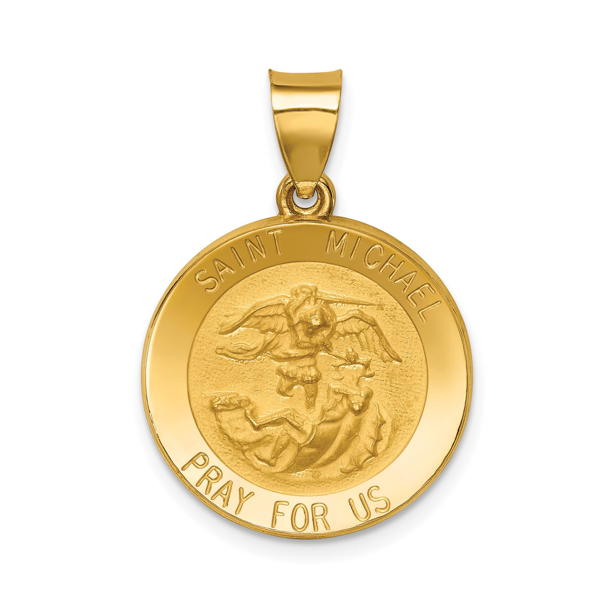 14k Yellow Gold Saint Michael Pendant Medal with Archangel and Inscription