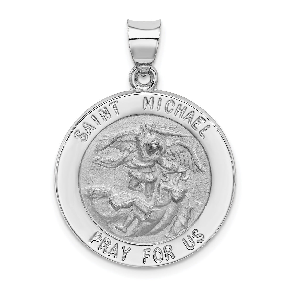 14k White Gold Saint Michael Pendant, Archangel Medal with Prayer Inscription