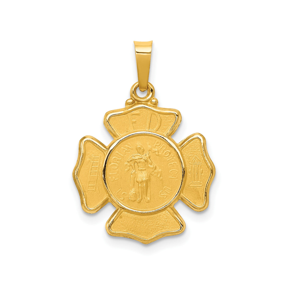 14k Yellow Gold Firefighter Pendant, St Florian Protect Us Maltese Cross Medal Charm