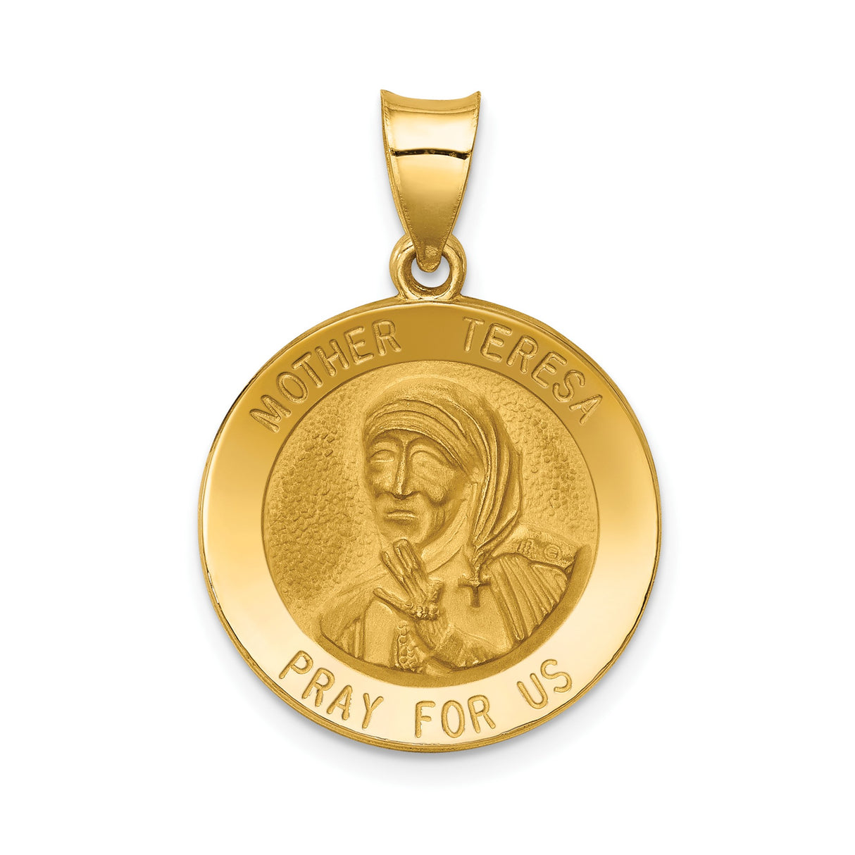14k Yellow Gold Mother Teresa Pendant with Pray for Us Catholic Medal Design for Women