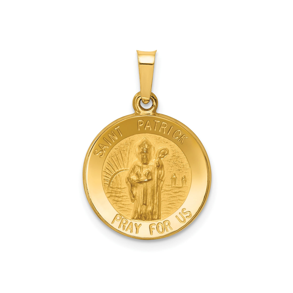 14k Yellow Gold Saint Patrick Medal Pendant with Pray for Us Inscription, Religious Jewelry