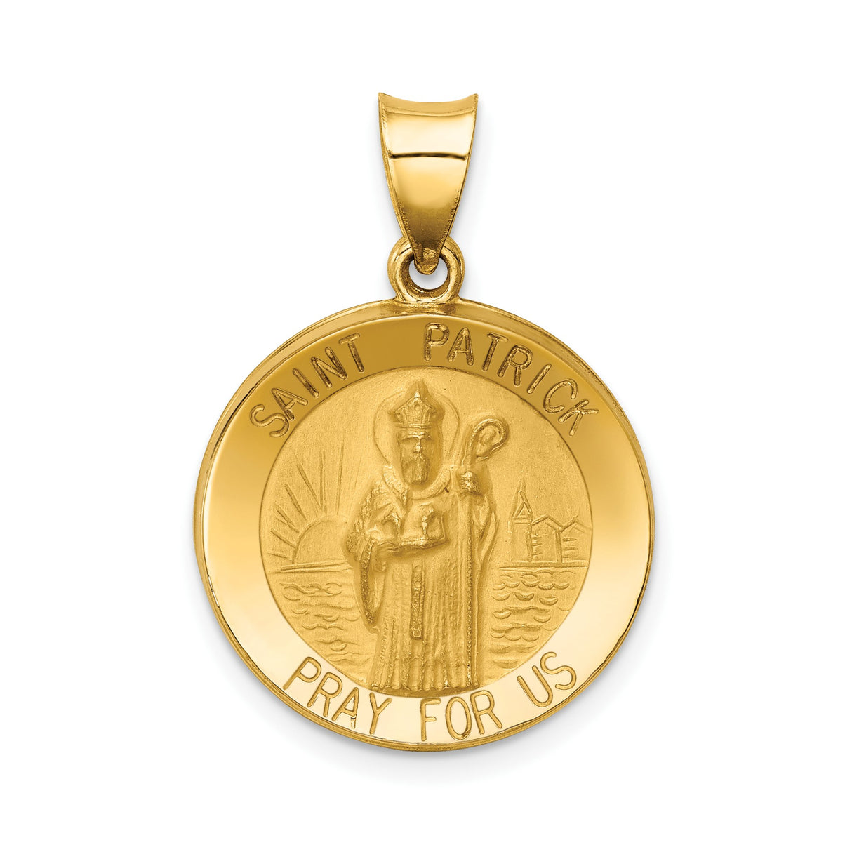 14k Yellow Gold Saint Patrick Pendant, Round Religious Medallion with Prayer Engraving