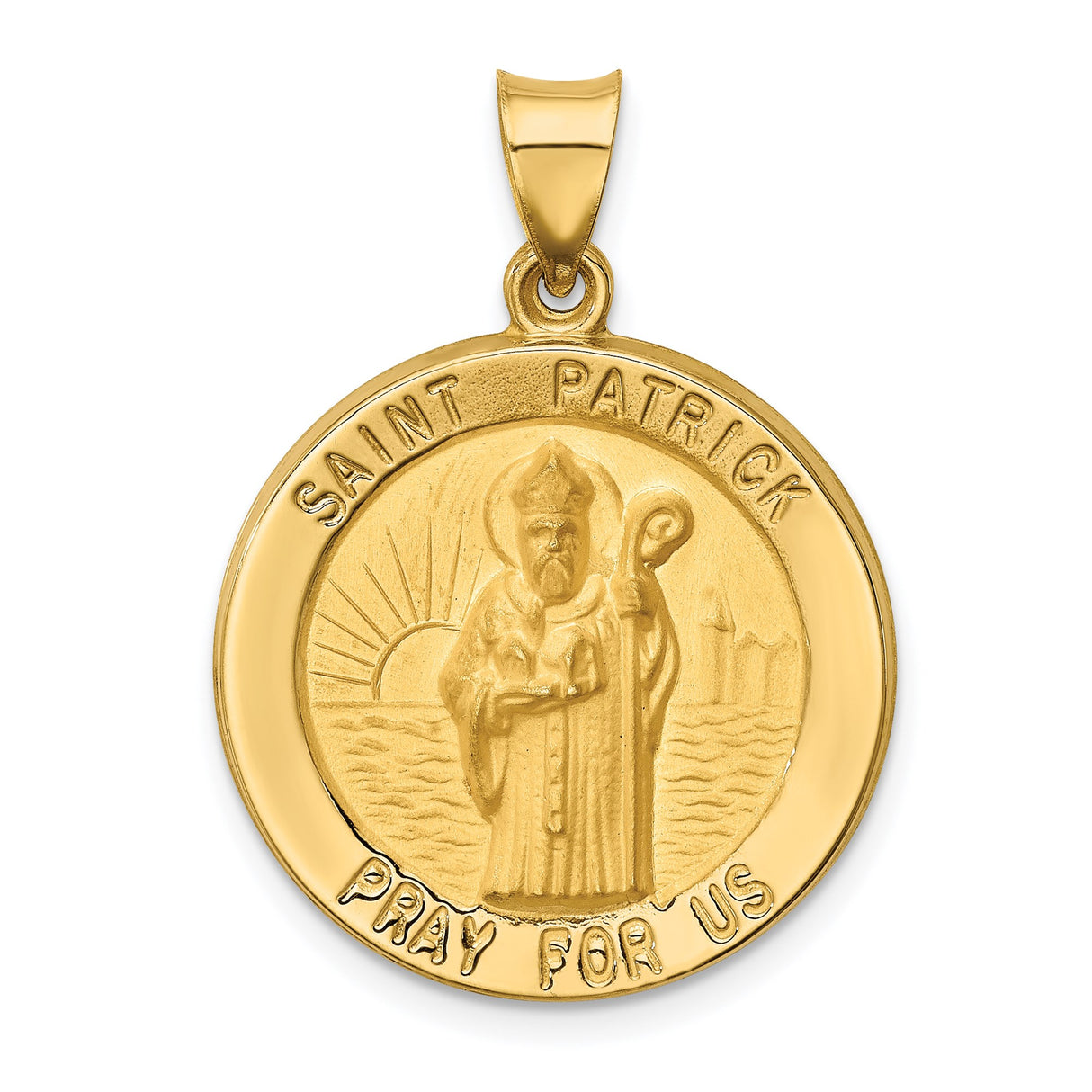 14k Yellow Gold Saint Patrick Pendant Medal with Bishop Staff Engraving, Religious Jewelry