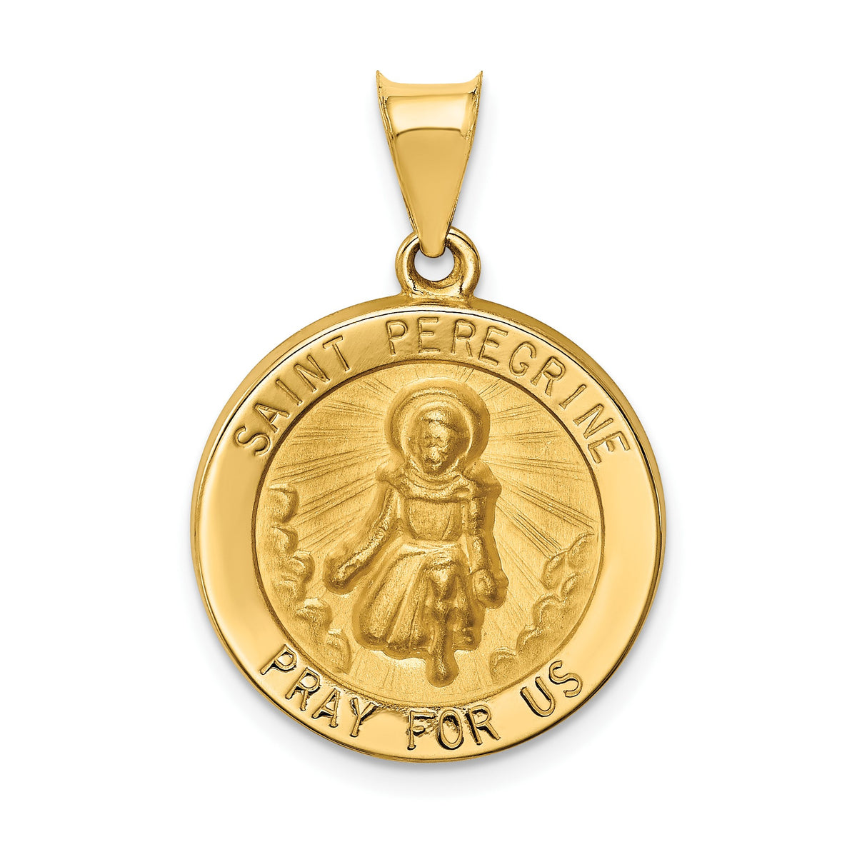 14k Yellow Gold Saint Peregrine Medal Pendant, Catholic Healing Jewelry with Pray for Us Text