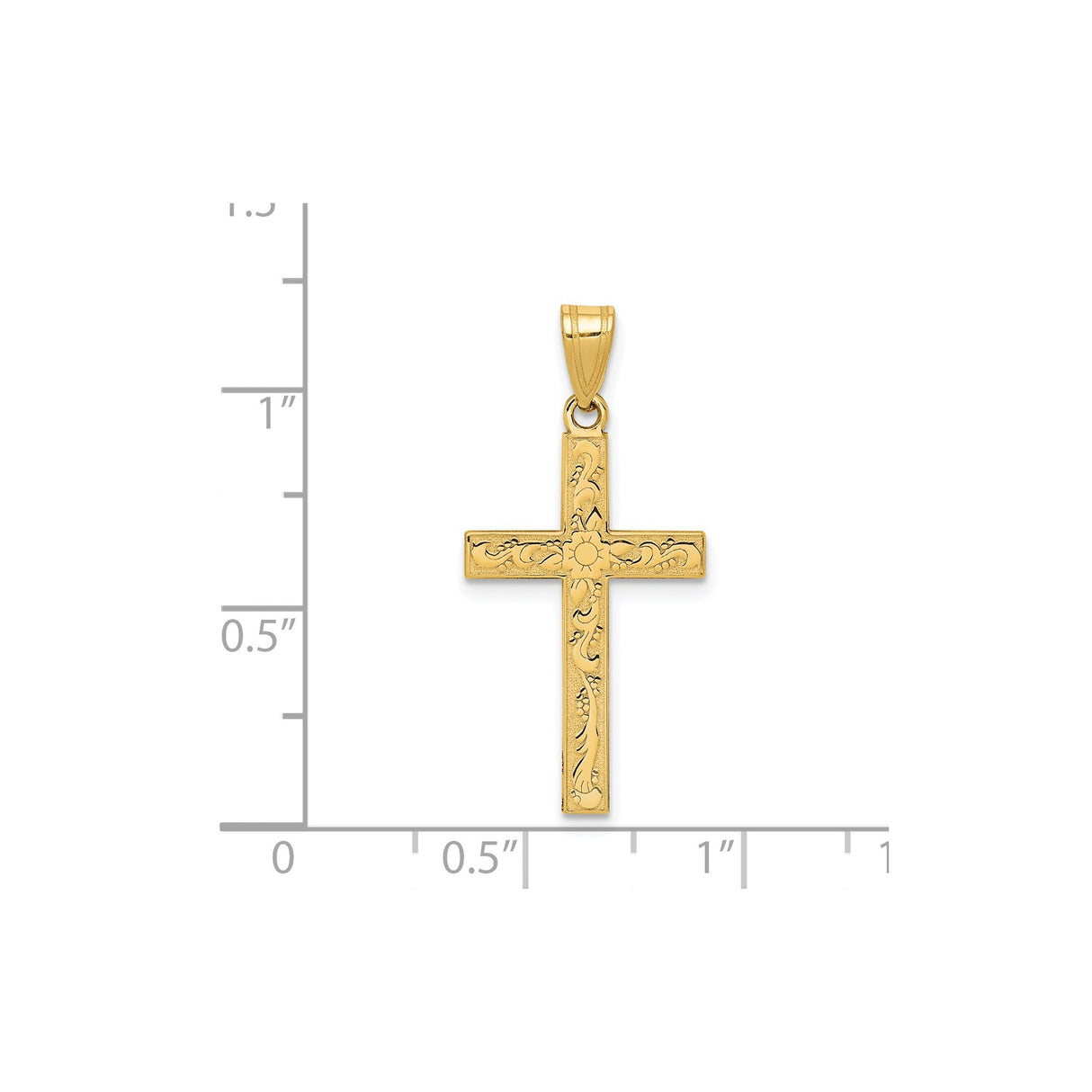 14k Yellow Gold Cross Pendant with Ornate Floral Vine Engraving and Sunburst Center