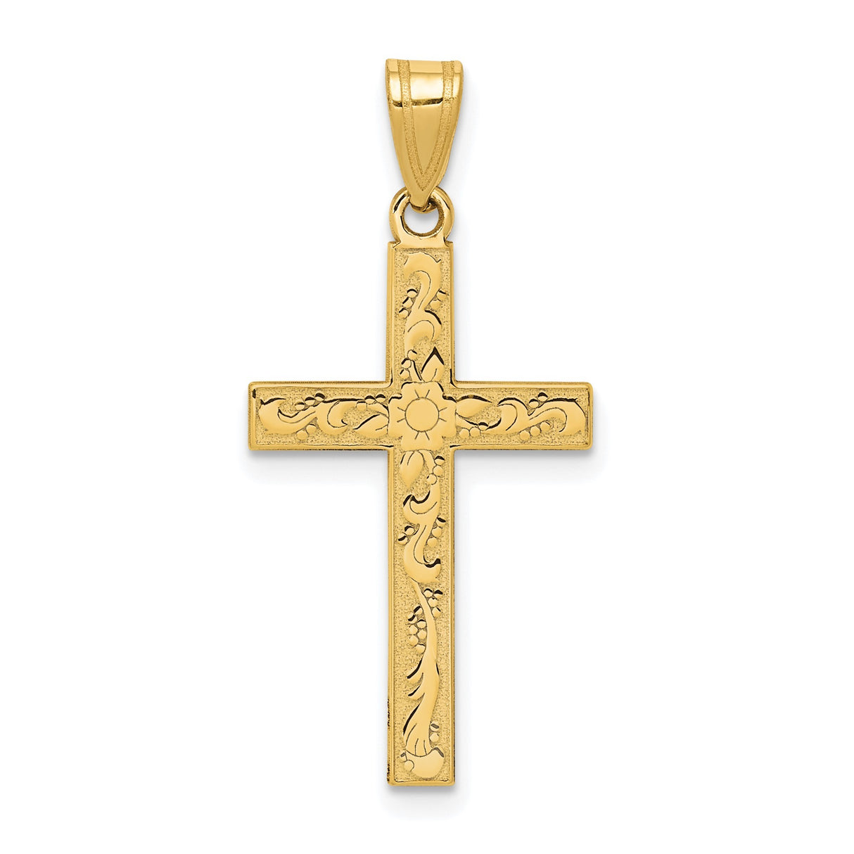 14k Yellow Gold Cross Pendant with Ornate Floral Vine Engraving and Sunburst Center