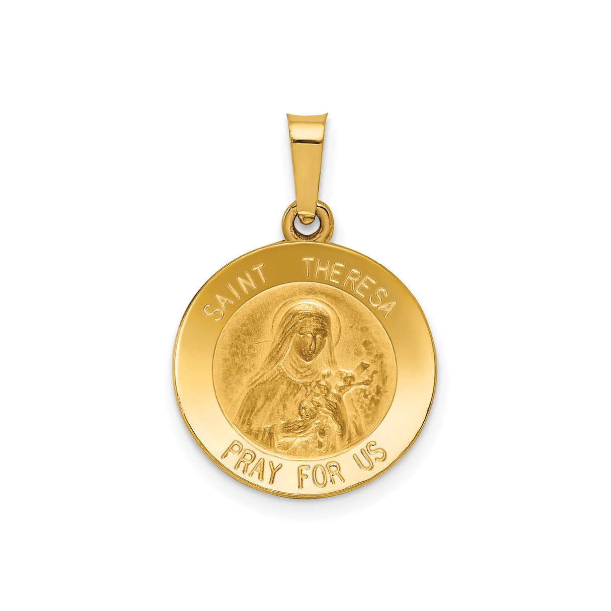 14k Yellow Gold Saint Theresa Medal Pendant with Pray for Us Inscription
