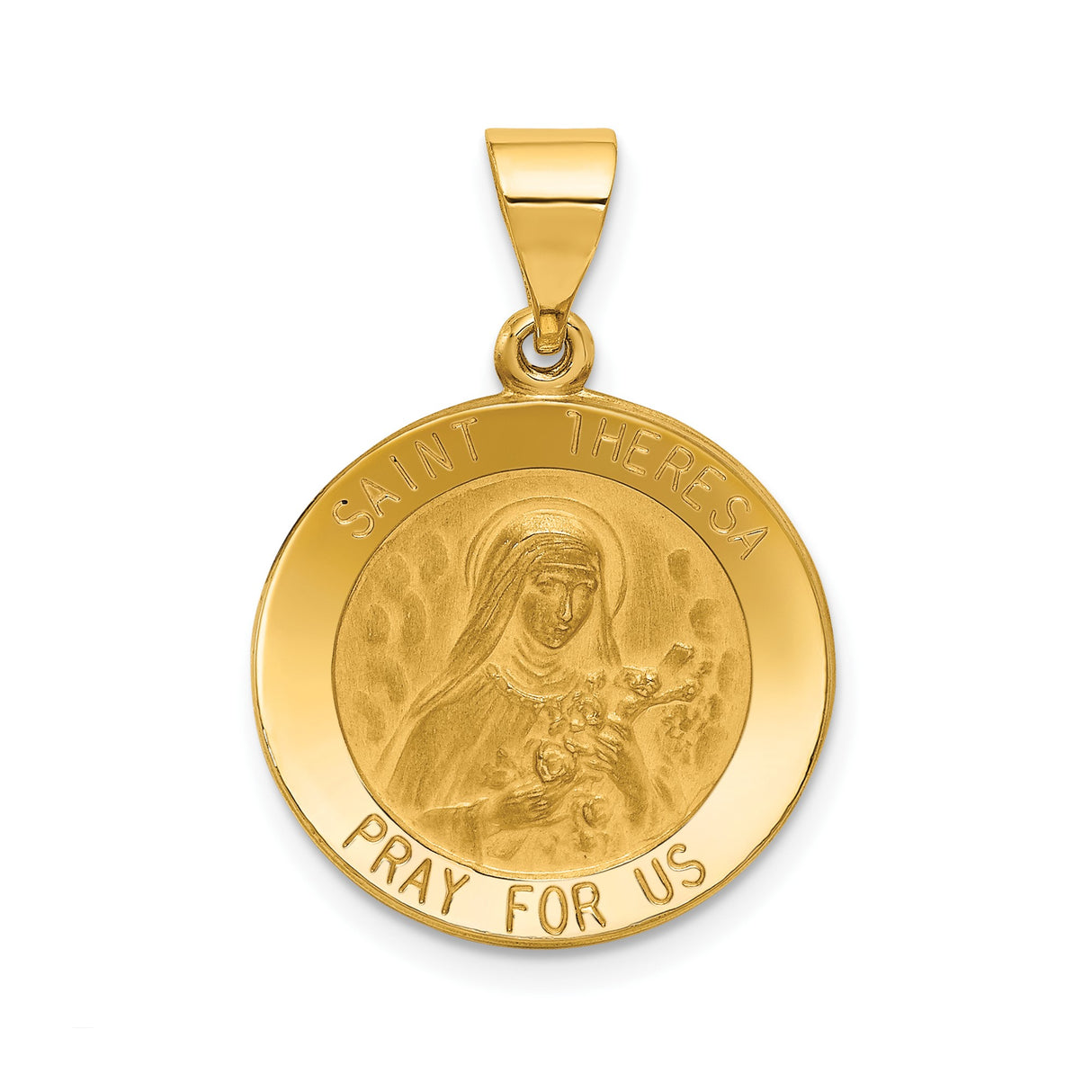 14k Yellow Gold Saint Theresa Pendant Medal with Pray for Us Inscription, Catholic Religious Jewelry