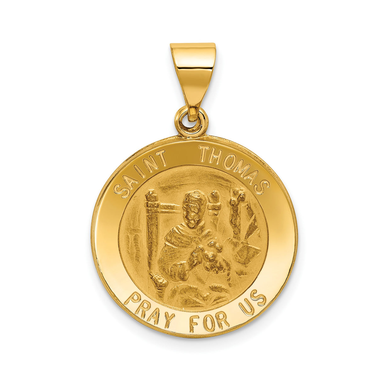 14k Yellow Gold Saint Thomas Pendant, Round Catholic Medal with Prayer Inscription