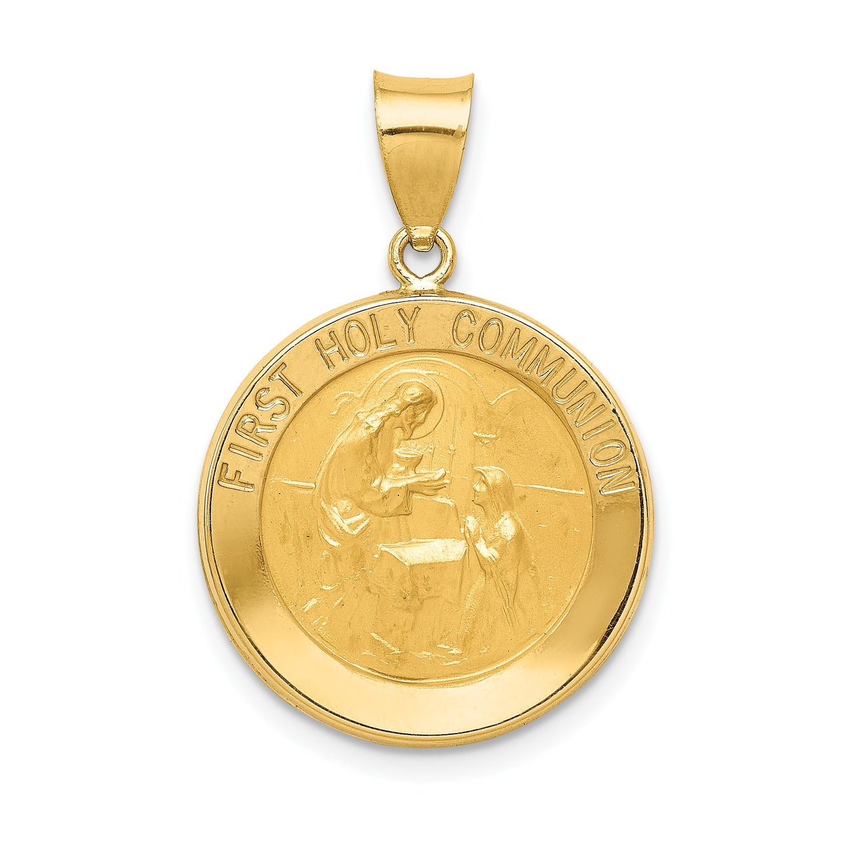 14k Yellow Gold First Communion Pendant Featuring Jesus and Kneeling Figure Charm